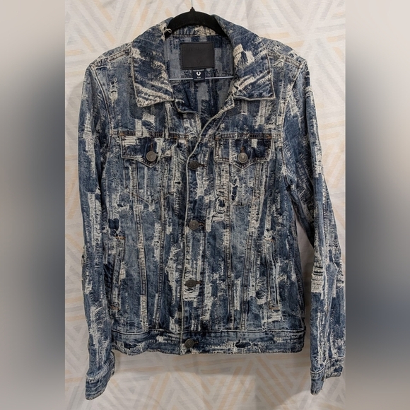 TRUE RELIGION Men's Danny Distressed Ripped Denim Jean Jacket Shredded SP - Picture 3 of 12